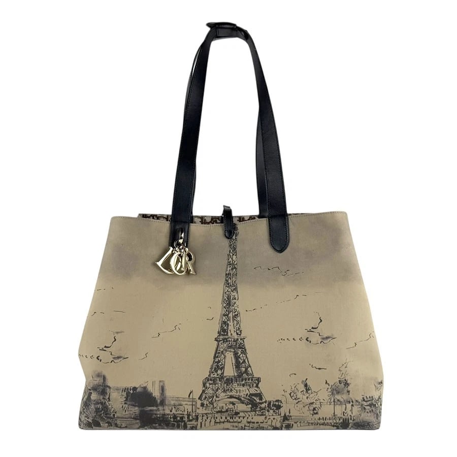 CHRISTIAN DIOR TOUJOURS LARGE TOTE SHOULDER BAG: Christian Dior Toujours Large Tote Shoulder Bag Brand: Christian Dior Type: Shoulder Bag Material: Nylon Canvas/Leather Color: Khaki / Black Size: W:14.2inx H:10.6inx D:8.3in Accessories: None