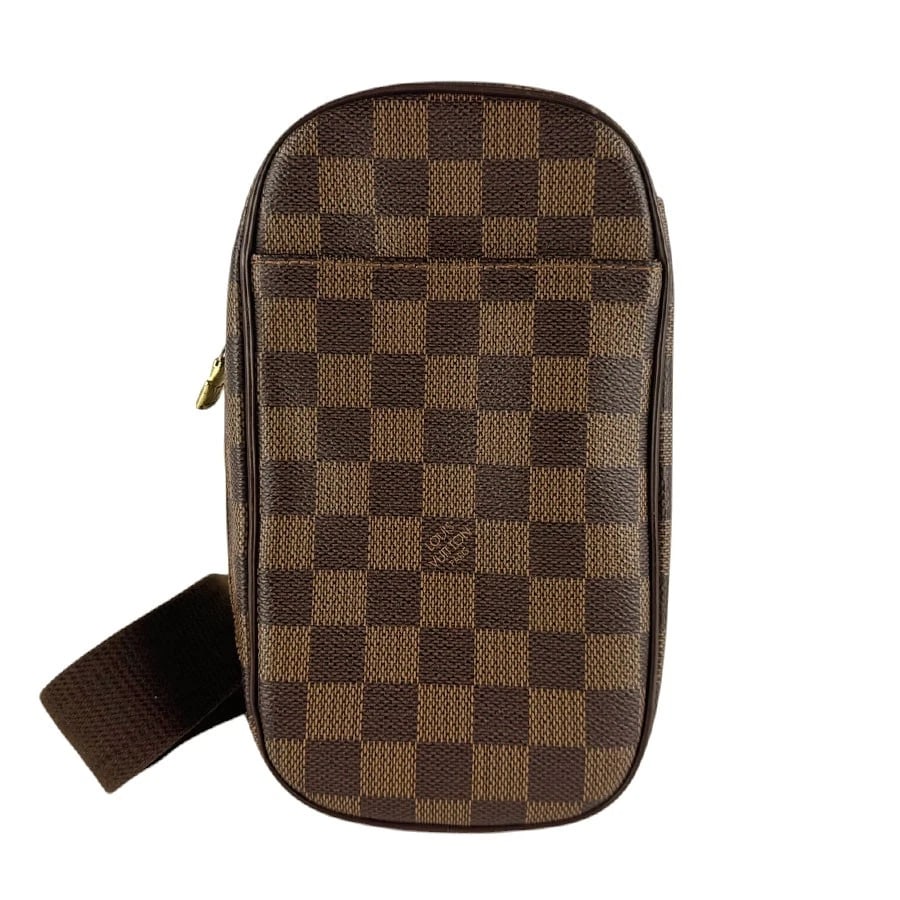 LOUIS VUITTON DAMIER EBENE POCHETTE GANGE BODY BAG: LOUIS VUITTON Damier Ebene Pochette Gange Body Bag Brand: LOUIS VUITTON Type: body bag Material: Damier Canvas Color: Brown Size: W:4.3inx H:8.7inx D:2.0in Accessories: None Accessories Notice: When