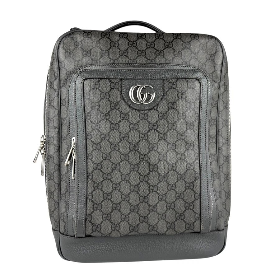 GUCCI OPHIDIA GG SUPREME BACKPACK: GUCCI Ophidia GG Supreme Backpack Brand: GUCCI Type: Backpack Material: PVC/Leather Color: Gray Size: W:10.6inx H:15.0inx D:5.1in Accessories: None Accessories Notice: When purchasing pre-