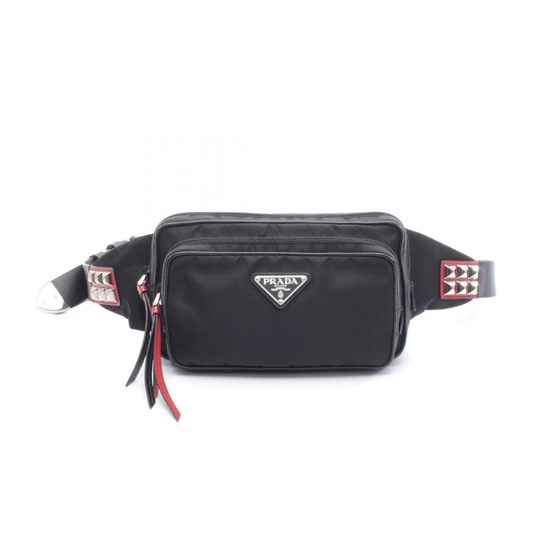 PRADA STUDDED BELT WAIST CROSSBODY BAG: PRADA Studded Belt Waist Crossbody Bag Brand: PRADA Type: Waist bag Body bag Material: Nylon × leather Color: Black??ish colors × Red??ish colors Size: H:12.5cm x W:21.5cm x D:2/4cm (H:4.9" x W:8.5"