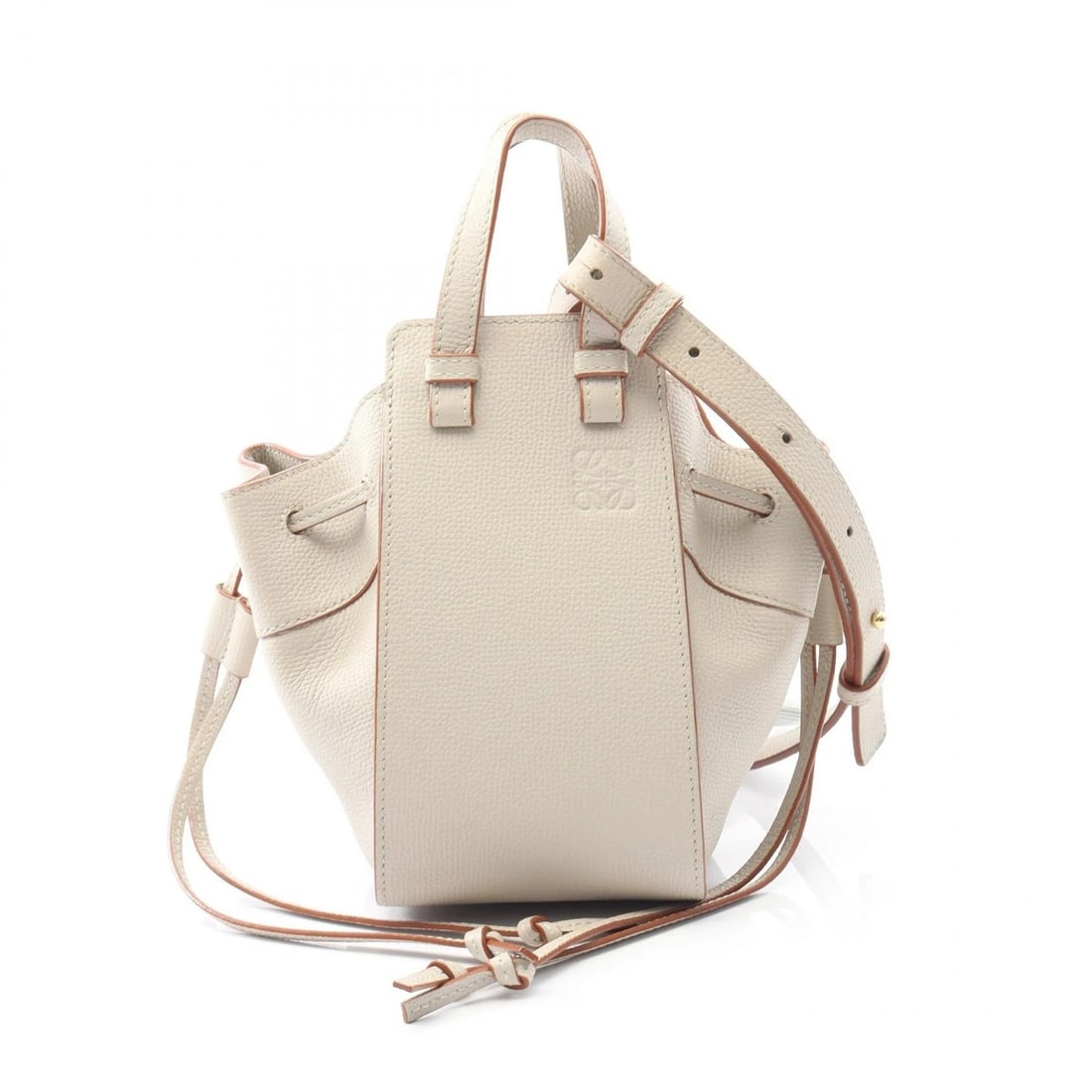 LOEWE MINI HAMMOCK DRAWSTRING SHOULDER CROSSBODY HANDBAG: LOEWE mini hammock drawstring shoulder crossbody Handbag Brand: LOEWE Type: Handbag Material: leather × Calfskin (cowhide) Color: Beige??ish colors Size: H:19cm x W:10.5cm x D:16.5cm (H:7.5" x W:4.1"