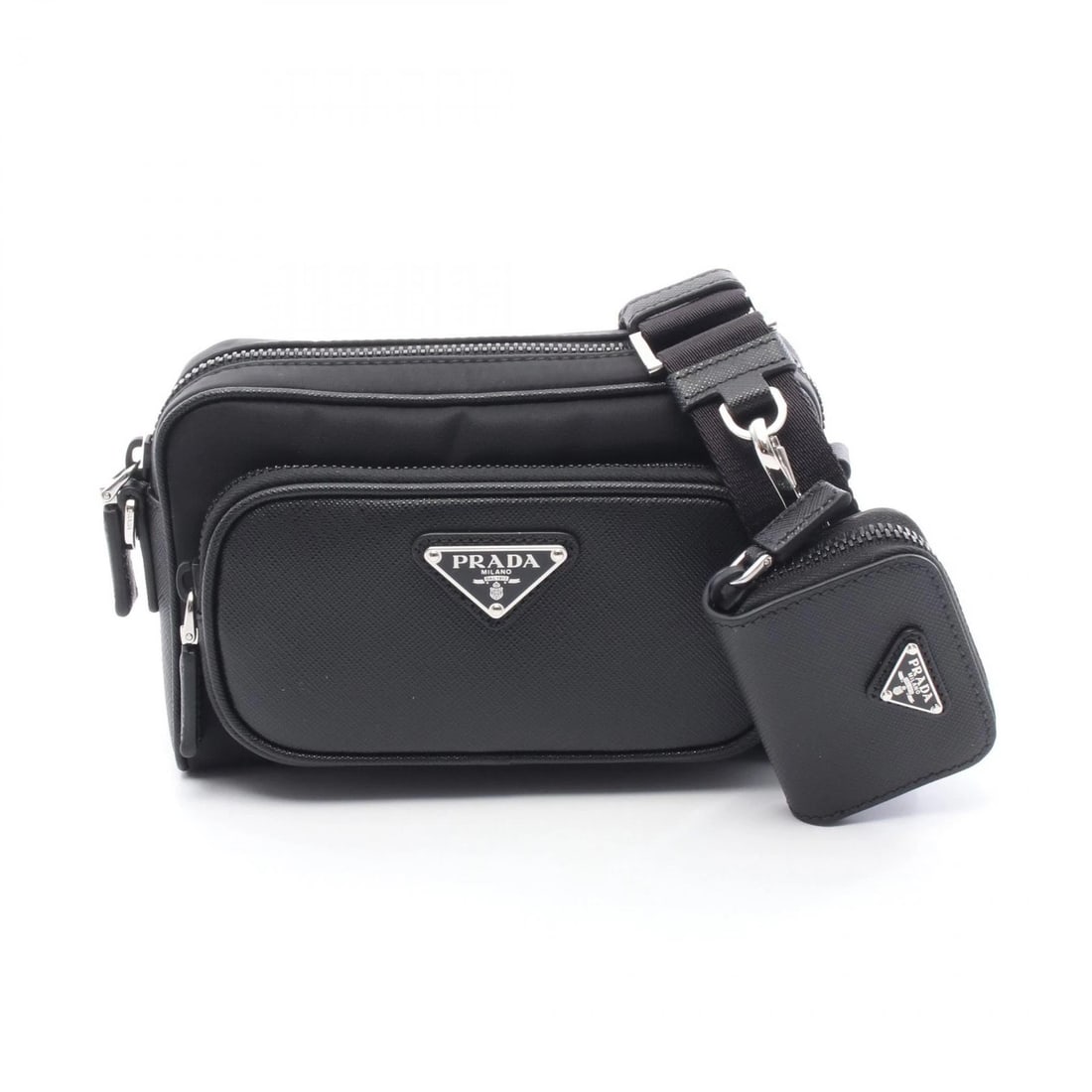 PRADA RE-NYLON SHOULDER BAG: PRADA Re-Nylon Shoulder Bag Brand: PRADA Type: Shoulder Bag Material: Nylon × leather Color: Black??ish colors Size: H:12.5cm x W:18.5cm x D:4.5cm (H:4.9" x W:7.3" x D:1.8") Accessories: None
