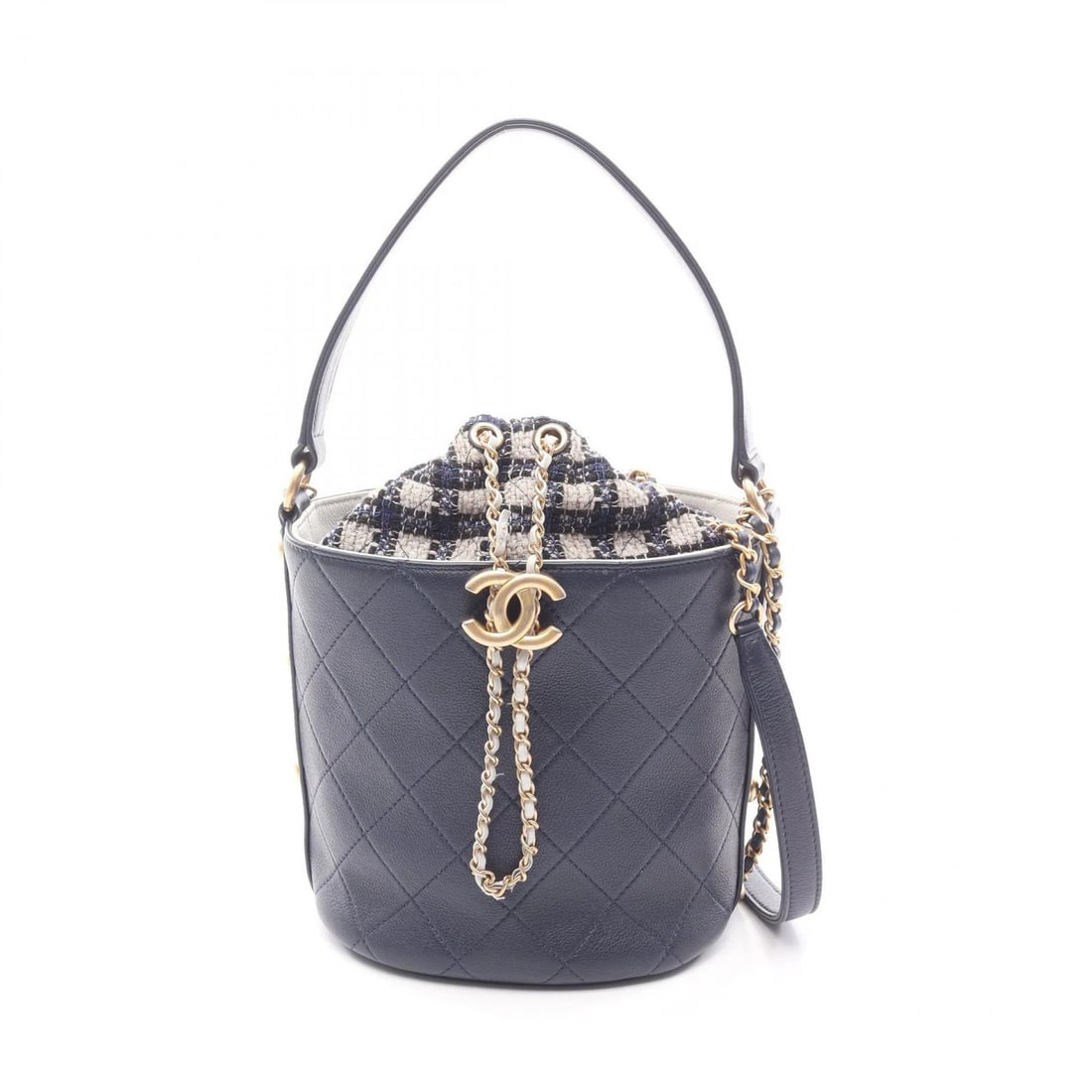 CHANEL MATELASSE SMALL BUCKET SHOULDER CROSSBODY HANDBAG: CHANEL Matelasse small bucket Shoulder Crossbody Handbag Brand: CHANEL Type: Shoulder Bag Material: leather × Fabric Color: Navy??ish colors × Multicolor??ish colors Size: H:17cm x W:16cm x D:12.5cm