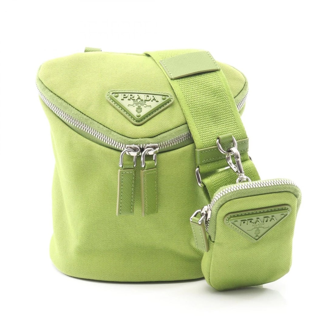 PRADA TRIANGLE LOGO SHOULDER CROSSBODY BAG: PRADA Triangle logo Shoulder Crossbody Bag Brand: PRADA Type: Shoulder Bag Material: canvas Color: Green??ish colors Size: H:19cm x W:15cm x D:13cm (H:7.5" x W:5.9" x D:5.1") Accessories: None