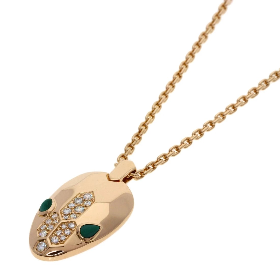 BVLGARI SERPENTI MALACHITE DIAMOND NECKLACE: BVLGARI Serpenti Malachite Diamond Necklace Brand: BVLGARI Type: Necklace Material: K18 Pink Gold, Color: Exterior Color Gold Size: Chain Length:16.9inch/43cm Chain Width:0.7inch/1.8mm Top Size:1.1inc