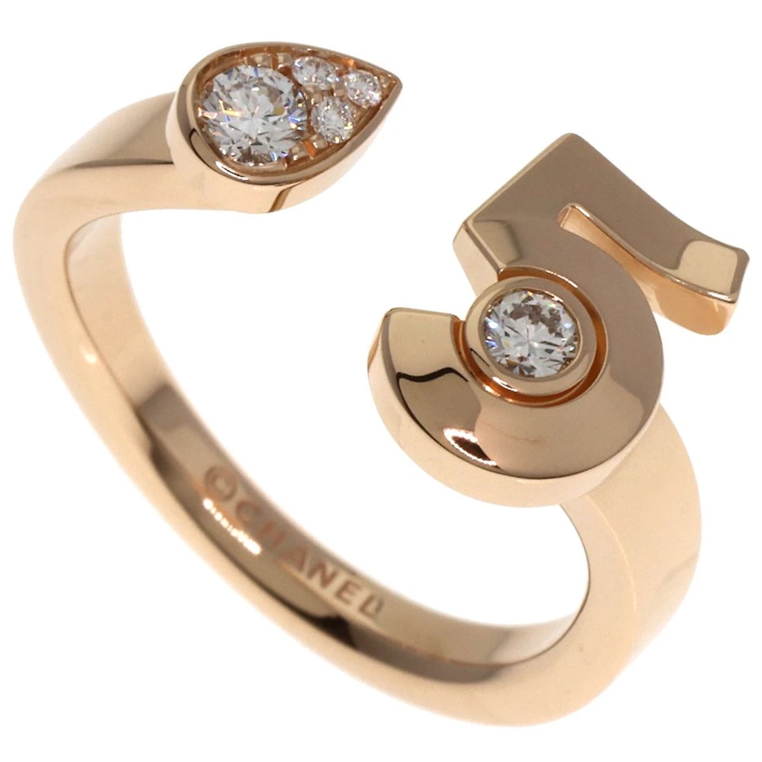 CHANEL EXTRAIT DE CHANEL NO. 5 DIAMOND RING: CHANEL Extrait de Chanel No. 5 Diamond Ring Brand: CHANEL Type: Ring Material: K18 Pink Gold, Main Stone/Creation Natural Color: Exterior Color Gold Size: 4.5 (US) Accessories: None Access