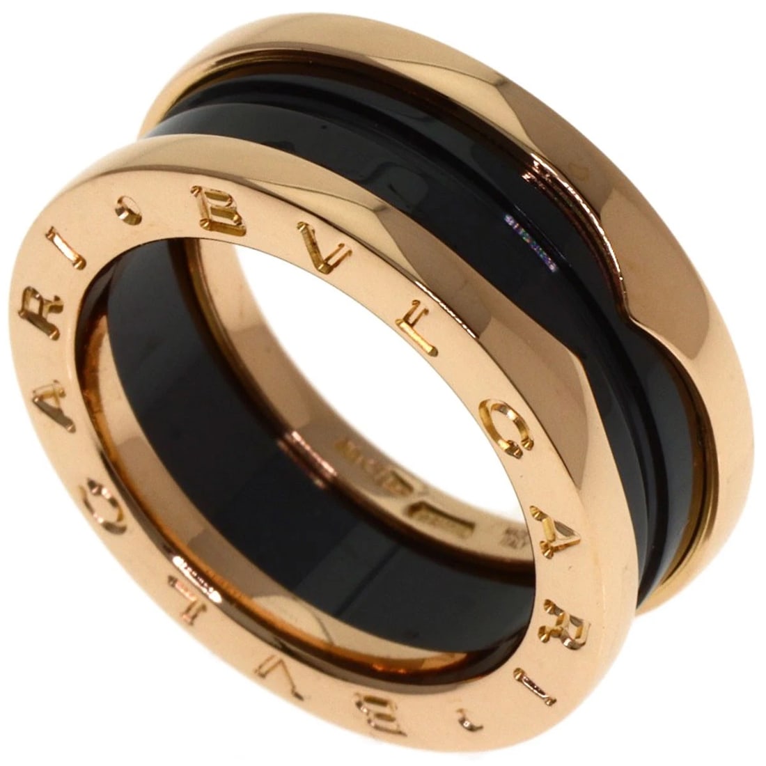 BVLGARI B.ZERO1 2-BAND BLACK CERAMIC RING: BVLGARI B.zero1 2-band Black Ceramic Ring Brand: BVLGARI Type: Ring Material: K18 Pink Gold, Color: Exterior Color Gold Size: 5.75 (US) Accessories: None Accessories Notice: When purchasing pre-owned