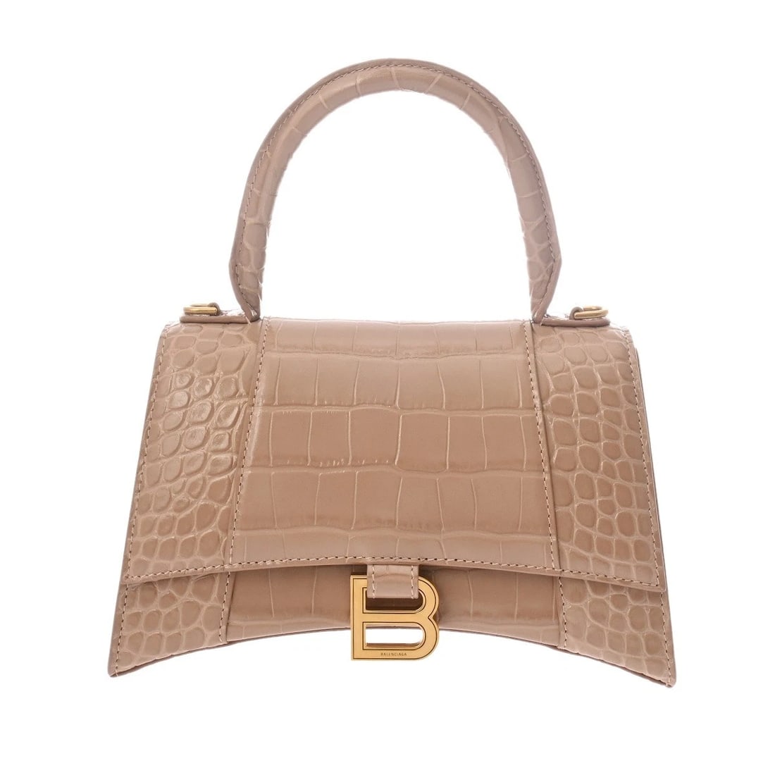 BALENCIAGA HOURGLASS XS PINK BEIGE HANDBAG: BALENCIAGA Hourglass XS pink beige Handbag Brand: BALENCIAGA Type: Handbag Material: Croco embossed leather Color: pink beige Size: H:about 4.7inch W:about 7.5inch D:about 2.6inch Accessories: Non