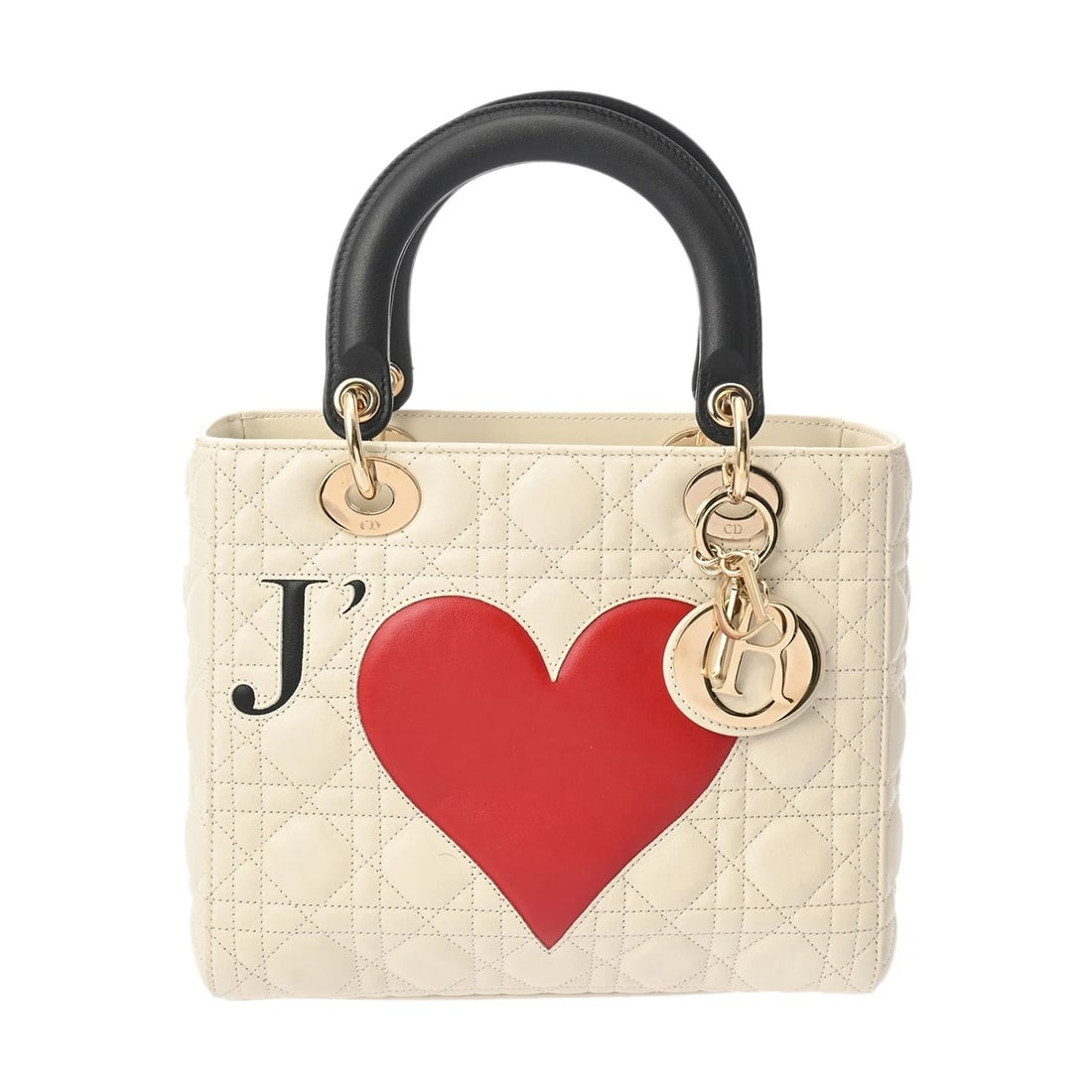 DIOR LADY DIOR MEDIUM JE T AIME AMOUR CAPSULE COLLECTION CANNAGE: Dior LADY DIOR Medium JE T AIME Amour Capsule Collection Cannage Brand: Dior Type: Handbag Material: lambskin Color: White / black / red Size: H:about 7.9inch W:about 9.3inch D:about 4.7inch Acces
