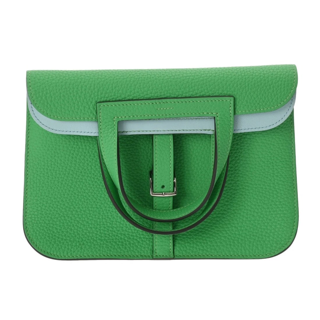 HERMES ALZAN 25 VERSO TAURILLON CLEMENCE HANDBAG: HERMES Alzan 25 Verso Taurillon Clemence Handbag Brand: HERMES Type: Handbag Material: Taurillon Clemence Color: Veil Comic/Blue Zephyr Size: H:about 6.7inch W:about 9.6inch D:about 2.8inch Access