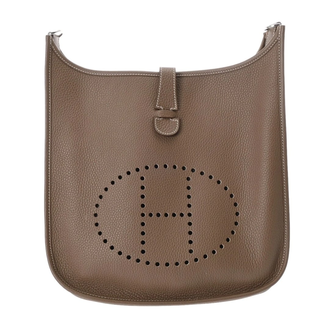HERMES EVELYN 3 GM TAURILLON CLEMENCE ETOPE SHOULDER BAG: HERMES Evelyn 3 GM Taurillon Clemence Etope Shoulder Bag Brand: HERMES Type: Shoulder Bag Material: Taurillon Clemence Color: Etope Size: H:about 12.2inch Center W:about 12.4inch D:about 3.5inch