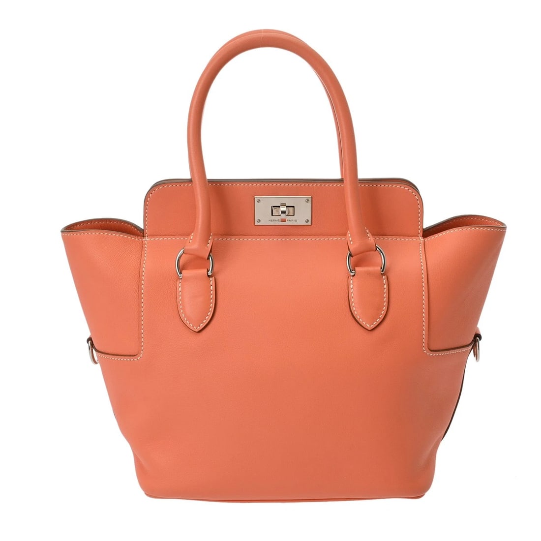 HERMES TOOLBOX 20 2WAY VAUX SWIFT HANDBAG: HERMES Toolbox 20 2WAY Vaux Swift Handbag Brand: HERMES Type: Handbag Material: Vaux Swift Color: Crevetto Size: H:about 9.1inch (Center) W:about 7.9inch (Bottom) D:about 5.9inch (Bottom) Accessor