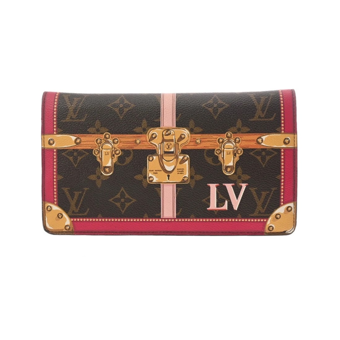 LOUIS VUITTON POCHETTE WEEKEND SUMMER TRUNK COLLECTION: LOUIS VUITTON Pochette Weekend Summer Trunk Collection Brand: LOUIS VUITTON Type: Chain wallet Material: Monogram canvas Color: Brown Size: H:about 4.9inch W:about 8.7inch Accessories: None