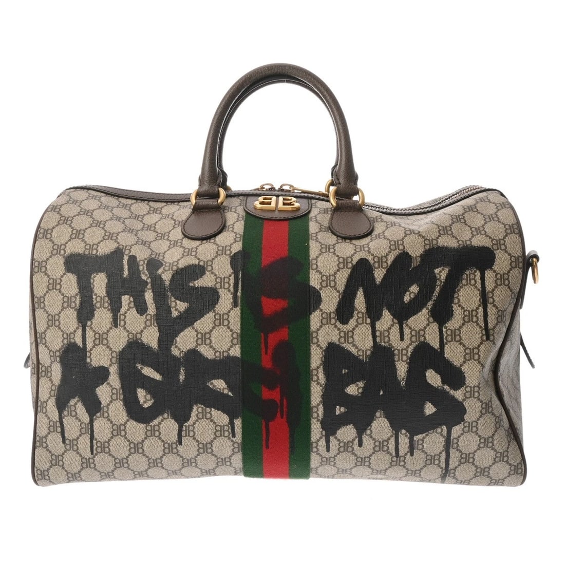 GUCCI BALENCIAGA X GUCCI BOSTON BAG: GUCCI Balenciaga x Gucci Boston bag Brand: GUCCI Type: Boston bag Material: PVC/leather Color: Beige/Ebony/Brown Size: H:about 11.0inch W:about 17.3inch (Bottom) D:about 9.4inch Accessories: None