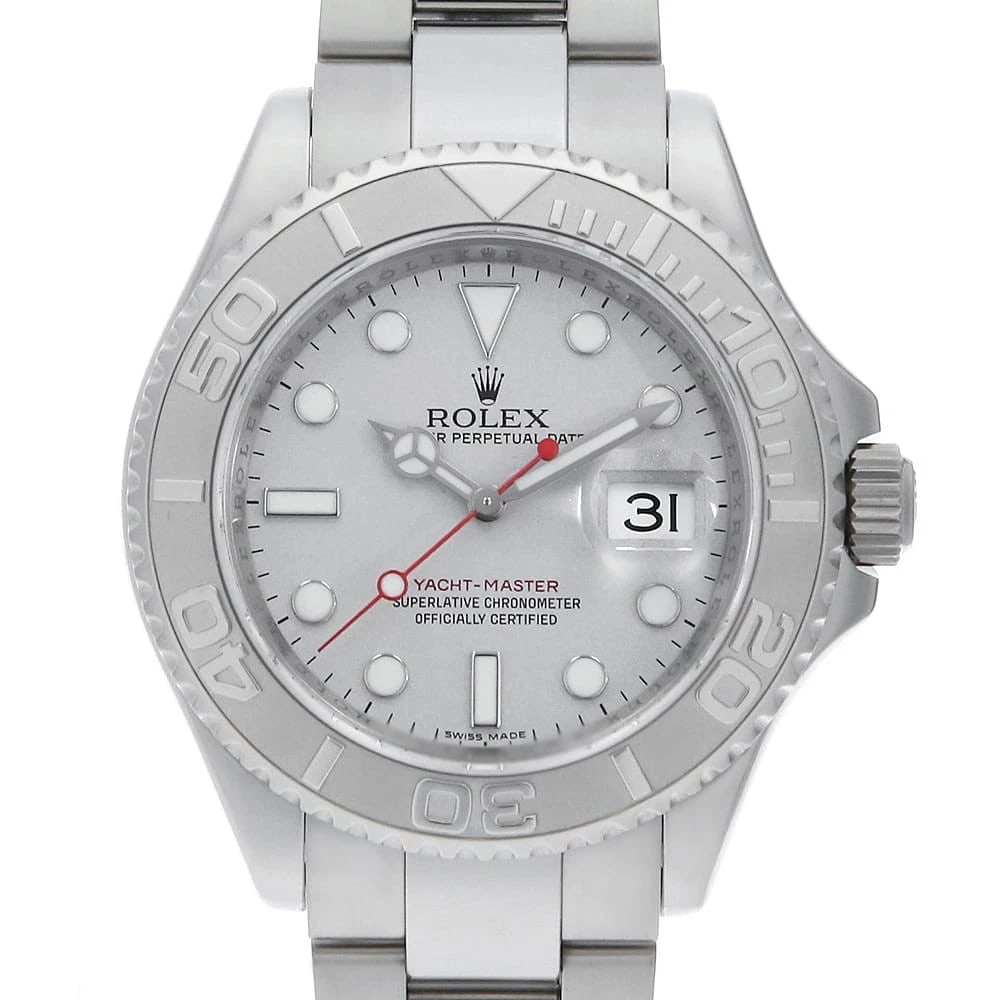 ROLEX YACHT MASTER SILVER WATCH: ROLEX Yacht master Silver Watch Brand: ROLEX Type: Wrist watch Material: Band Material Stainless Steel, Case Material Stainless Steel/Platinum Color: Dial Colour Silver Size: Case:W40mm Circumference 