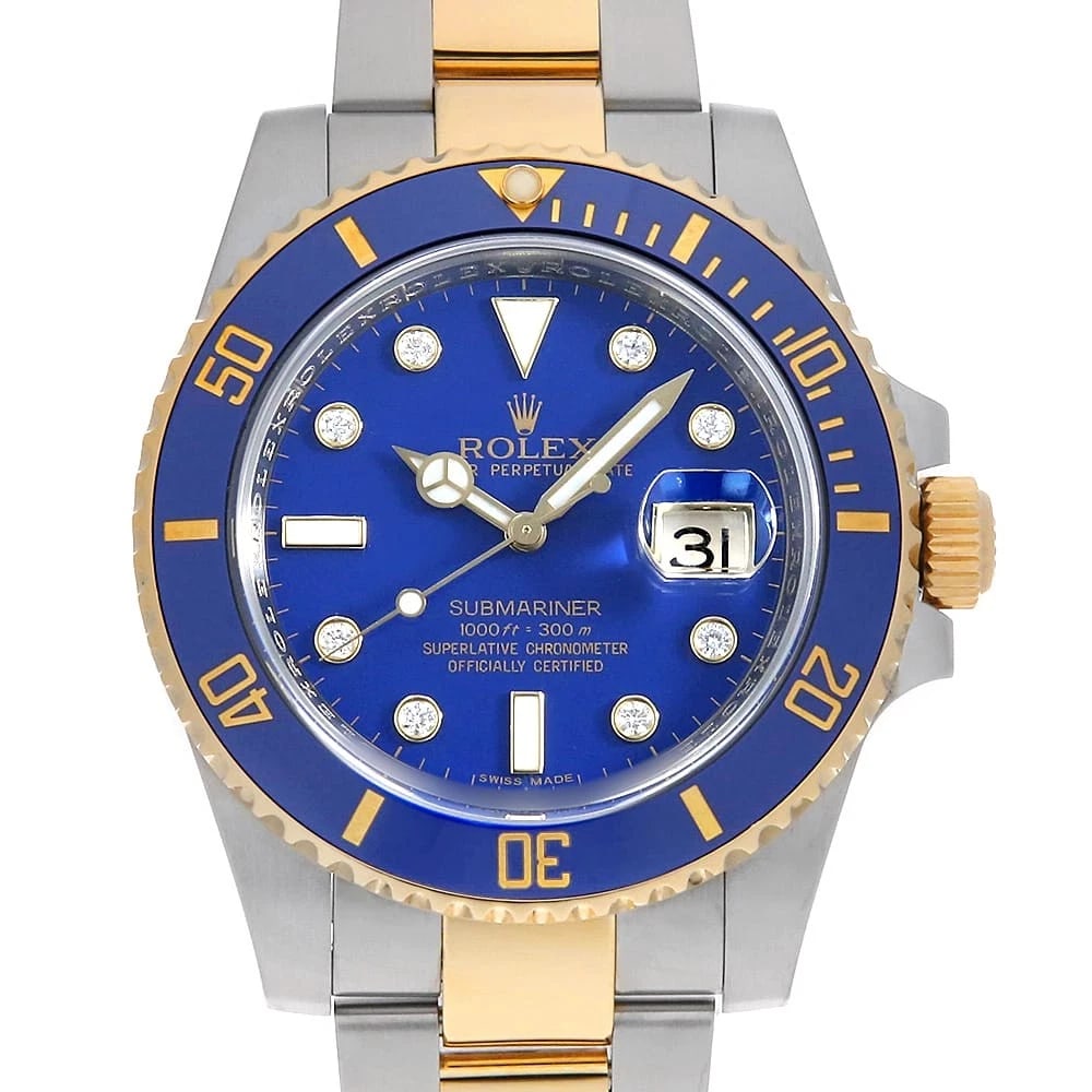 ROLEX SUBMARINER DATE DIAMOND BLUE WATCH: ROLEX SUBMARINER Date Diamond blue Watch Brand: ROLEX Type: Wrist watch Material: Band Material Stainless Steel/Yellow Gold, Case Material Stainless Steel/Yellow Gold Color: Dial Colour Blue Size: Cas