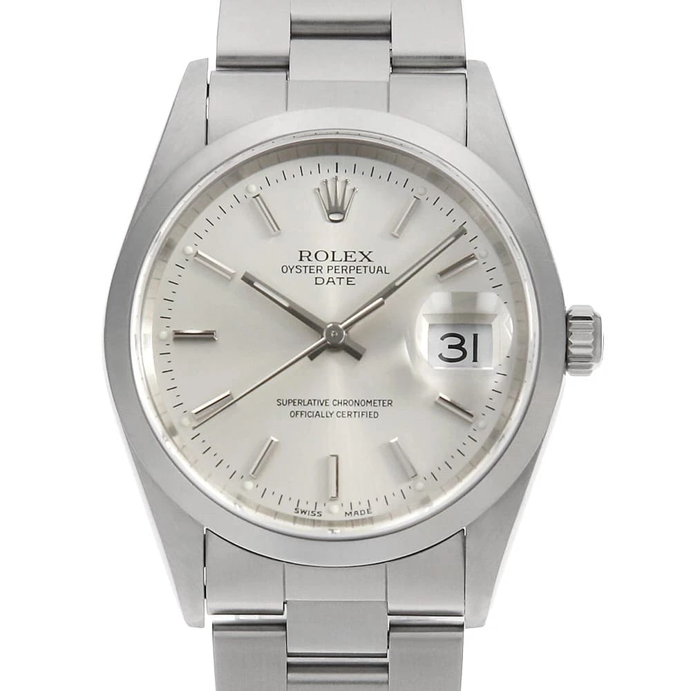 ROLEX OYSTER PERPETUAL DATE SILVER WATCH: ROLEX Oyster Perpetual Date Silver Watch Brand: ROLEX Type: Wrist watch Material: Band Material Stainless Steel, Case Material Stainless Steel Color: Dial Colour Silver Size: Case:W34mm Circumference 