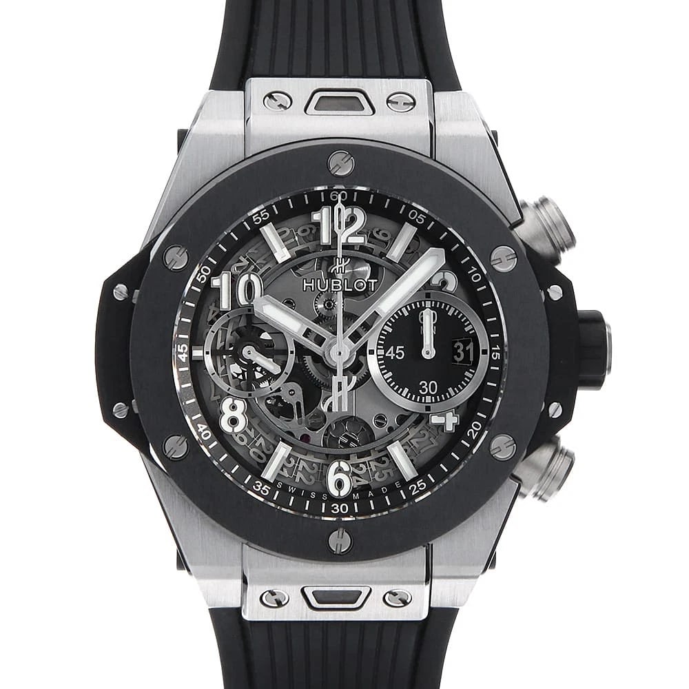 HUBLOT BIG BANG UNICO TITANIUM CERAMIC WATCH: HUBLOT Big Bang Unico Titanium Ceramic Watch Brand: HUBLOT Type: Wrist watch Material: Band Material rubber, Case Material Titanium Color: Dial Colour Skeleton Size: Case:W42mm Accessories: None