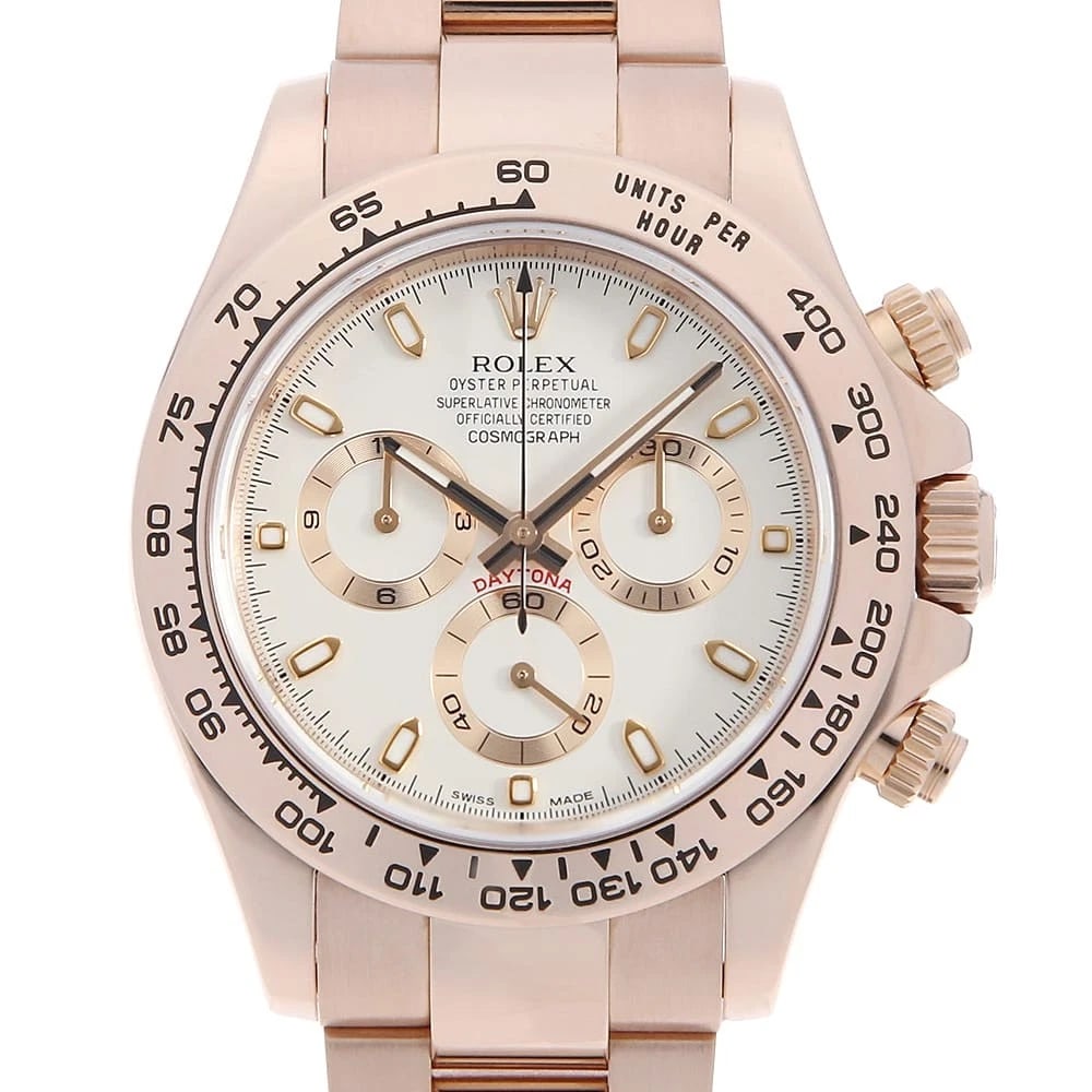 ROLEX COSMOGRAPH DAYTONA WATCH: ROLEX Cosmograph Daytona Watch Brand: ROLEX Type: Wrist watch Material: Band Material Everose Gold, Case Material Everose Gold Color: Dial Colour Ivory Size: Case:W40mm Circumference of Wrist:19.5cm