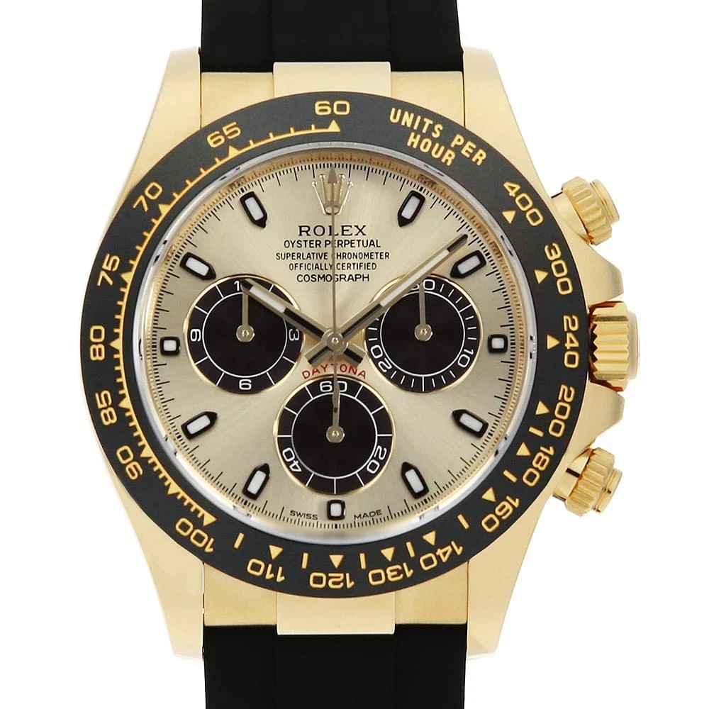 ROLEX COSMOGRAPH DAYTONA CHAMPAGNE X BLACK WATCH: ROLEX Cosmograph Daytona Champagne x black Watch Brand: ROLEX Type: Wrist watch Material: Band Material rubber, Case Material Yellow Gold Color: Dial Colour Champagne and Black Size: Case:W40mm Circum