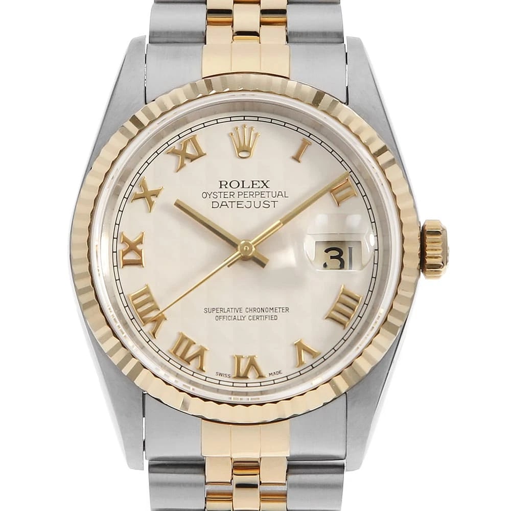 ROLEX DATEJUST CREAM PYRAMID ROME WATCH: ROLEX Datejust cream pyramid rome Watch Brand: ROLEX Type: Wrist watch Material: Band Material Stainless Steel/Yellow Gold, Case Material Stainless Steel/Yellow Gold Color: Dial Colour Ivory Size: Cas