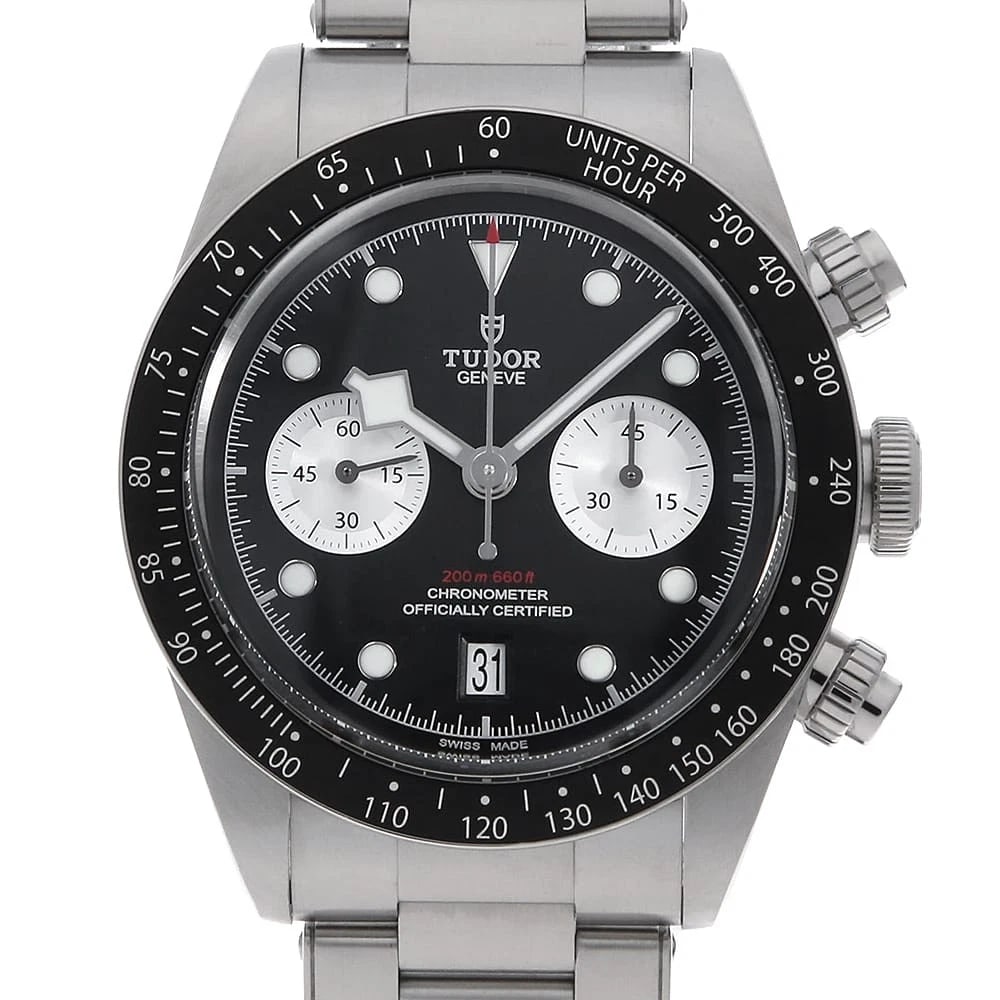 TUDOR BLACK CHRONO WATCH: TUDOR Black Chrono Watch Brand: TUDOR Type: Wrist watch Material: Band Material Stainless Steel, Case Material Stainless Steel Color: Dial Colour Black Size: Case:W41mm Circumference of Wrist:21cm