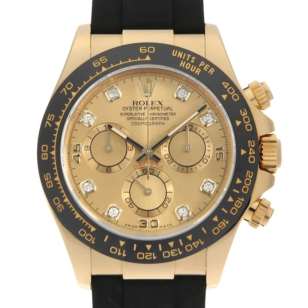 ROLEX COSMOGRAPH DAYTONA DIAMOND CHAMPAGNE WATCH: ROLEX Cosmograph Daytona diamond Champagne Watch Brand: ROLEX Type: Wrist watch Material: Band Material rubber, Case Material Yellow Gold Color: Dial Colour Champagne Gold Size: Case:W40mm