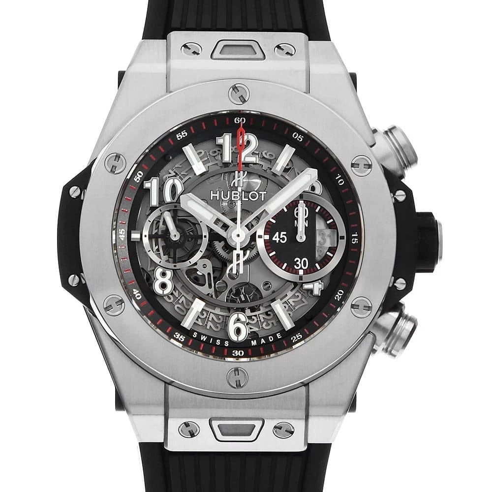 HUBLOT BIG BANG UNICO TITANIUM WATCH: HUBLOT Big Bang Unico Titanium Watch Brand: HUBLOT Type: Wrist watch Material: Band Material rubber, Case Material Titanium Color: Dial Colour Skeleton Size: Case:W45mm Accessories: None Accessories