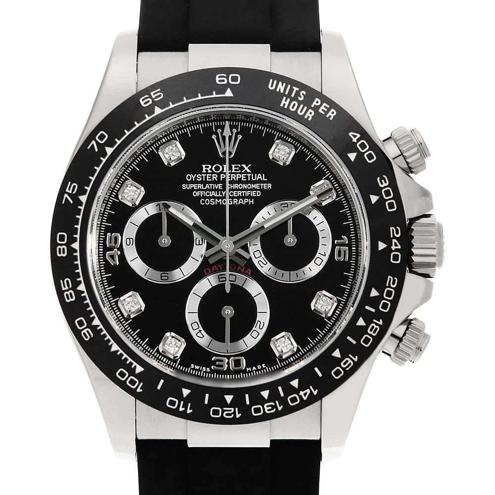 ROLEX COSMOGRAPH DAYTONA DIAMOND BLACK WATCH: ROLEX Cosmograph Daytona diamond black Watch Brand: ROLEX Type: Wrist watch Material: Band Material rubber, Case Material White Gold Color: Dial Colour Black Size: Case:W40mm Circumference of Wrist:17