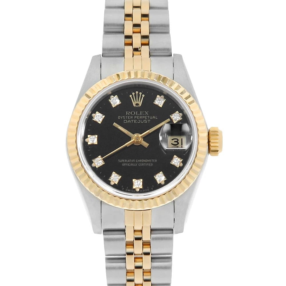 ROLEX DATEJUST DIAMOND BLACK WATCH: ROLEX Datejust Diamond black Watch Brand: ROLEX Type: Wrist watch Material: Band Material Stainless Steel/Yellow Gold, Case Material Stainless Steel/Yellow Gold Color: Dial Colour Black Size: Case:W26