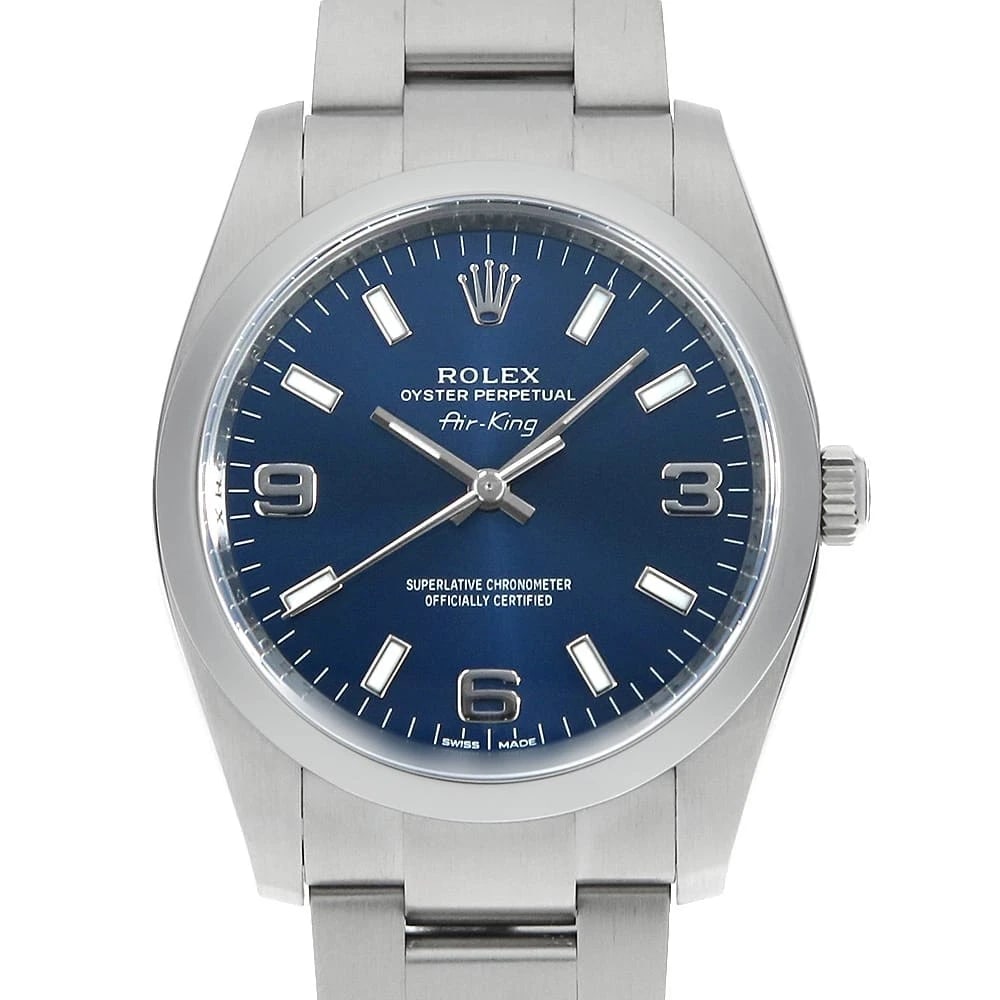 ROLEX AIR KING BLUE WHITE WATCH: ROLEX Air king blue white Watch Brand: ROLEX Type: Wrist watch Material: Band Material Stainless Steel, Case Material Stainless Steel Color: Dial Colour Blue Size: Case:W34mm Circumference of
