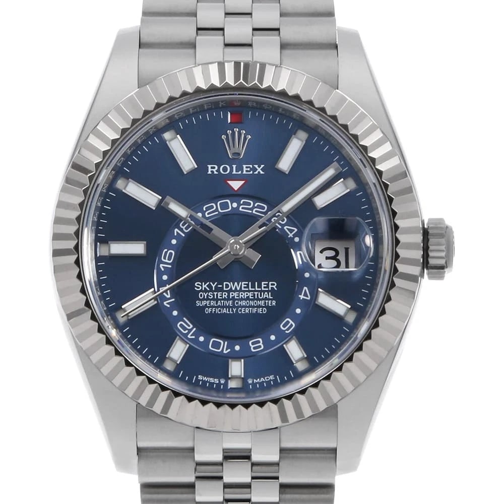 ROLEX SKY-DWELLER BLUE ROW JUBILEE BRACELET WATCH: ROLEX SKY-DWELLER blue row jubilee bracelet Watch Brand: ROLEX Type: Wrist watch Material: Band Material Stainless Steel, Case Material Stainless Steel/White gold Color: Dial Colour Blue Size: Case:W4