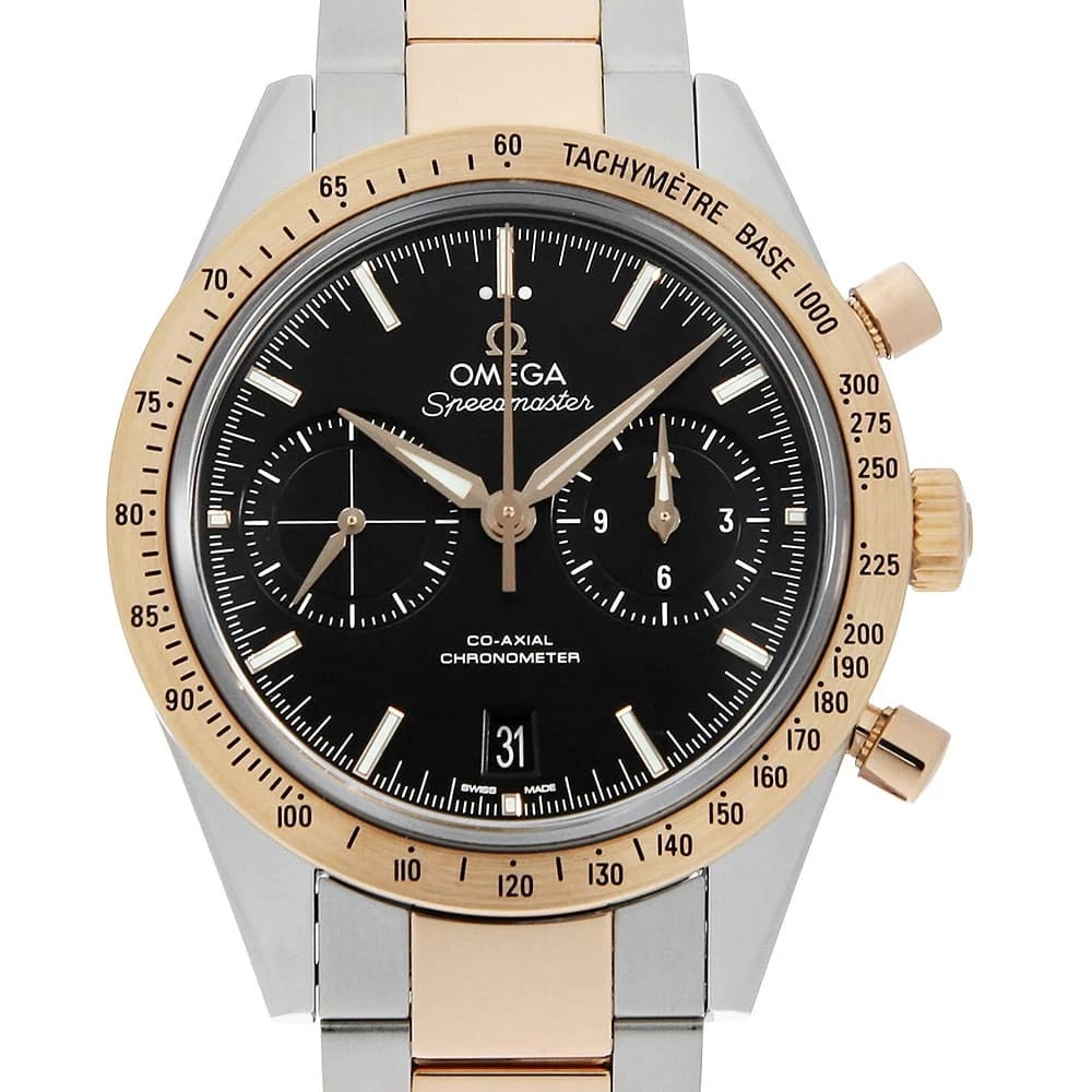 OMEGA SPEEDMASTER CO-AXIAL CHRONOGRAPH WATCH: OMEGA Speedmaster Co-Axial Chronograph Watch Brand: OMEGA Type: Wrist watch Material: Band Material Stainless Steel/Red Gold, Case Material Stainless Steel/Red Gold Color: Dial Colour Black Size: Case