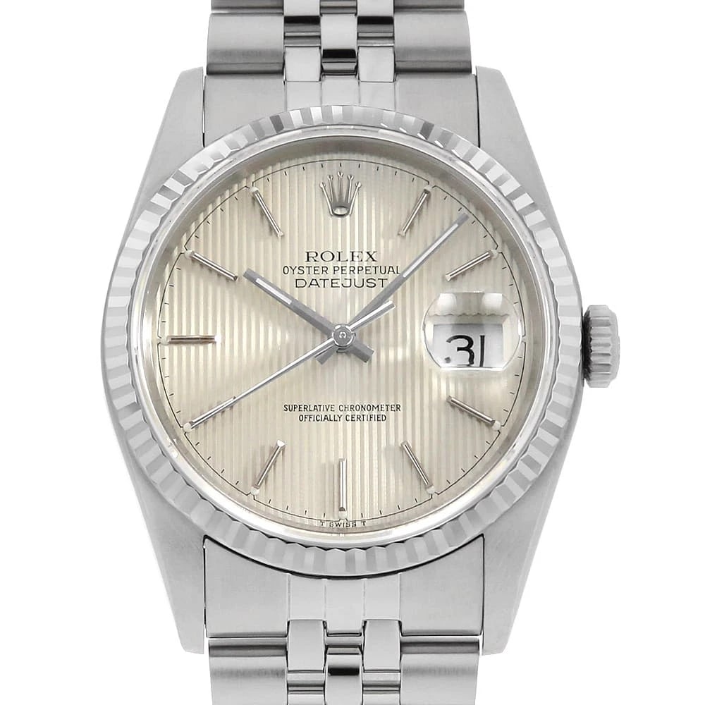 ROLEX DATEJUST SILVER TAPESTRY WATCH: ROLEX Datejust Silver Tapestry Watch Brand: ROLEX Type: Wrist watch Material: Band Material Stainless Steel, Case Material Stainless Steel/White gold Color: Dial Colour Silver Size: Case:W36mm Circumf