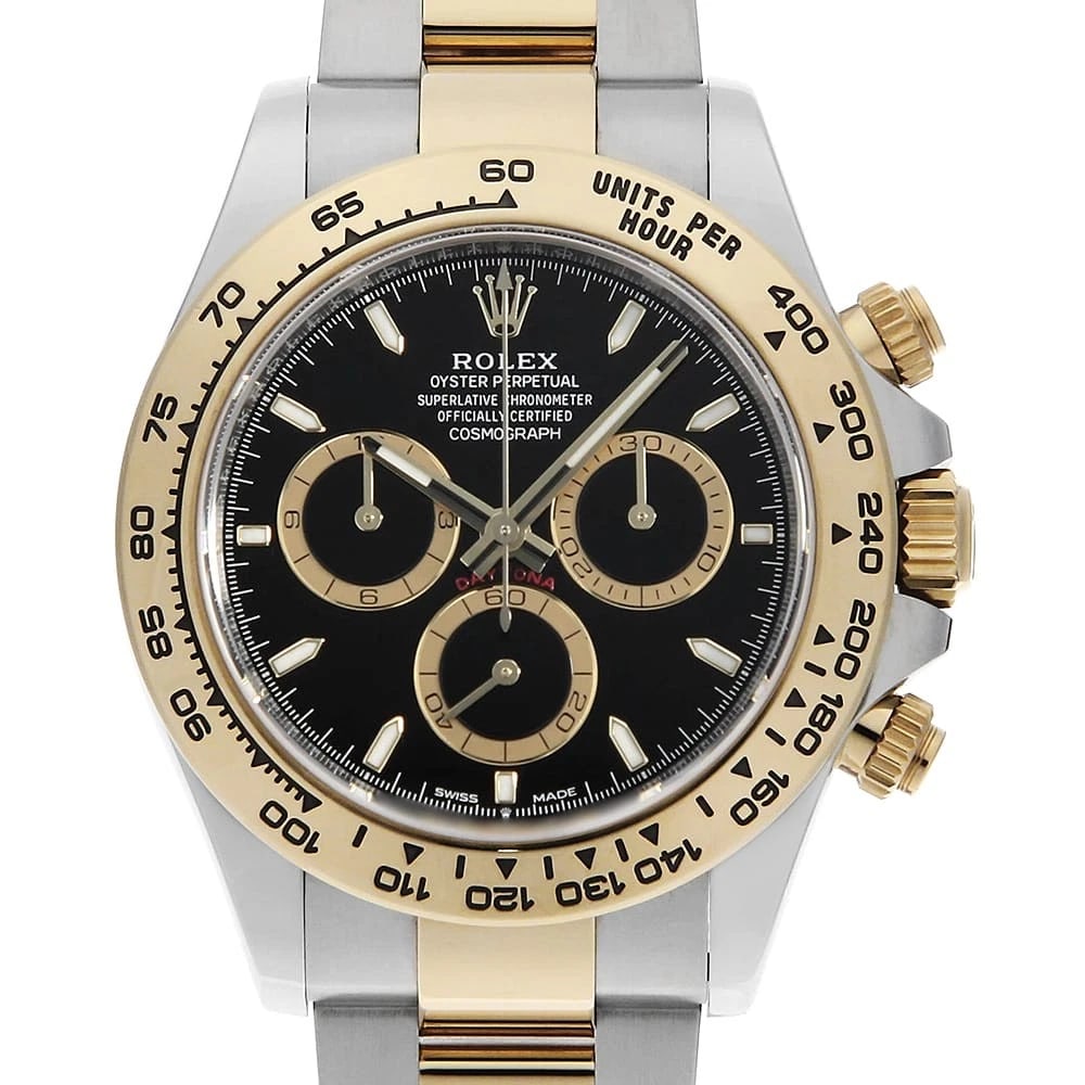 ROLEX COSMOGRAPH DAYTONA BLACK WATCH: ROLEX Cosmograph Daytona black Watch Brand: ROLEX Type: Wrist watch Material: Band Material Stainless Steel/Yellow Gold, Case Material Stainless Steel/Yellow Gold Color: Dial Colour Black Size: Case:W