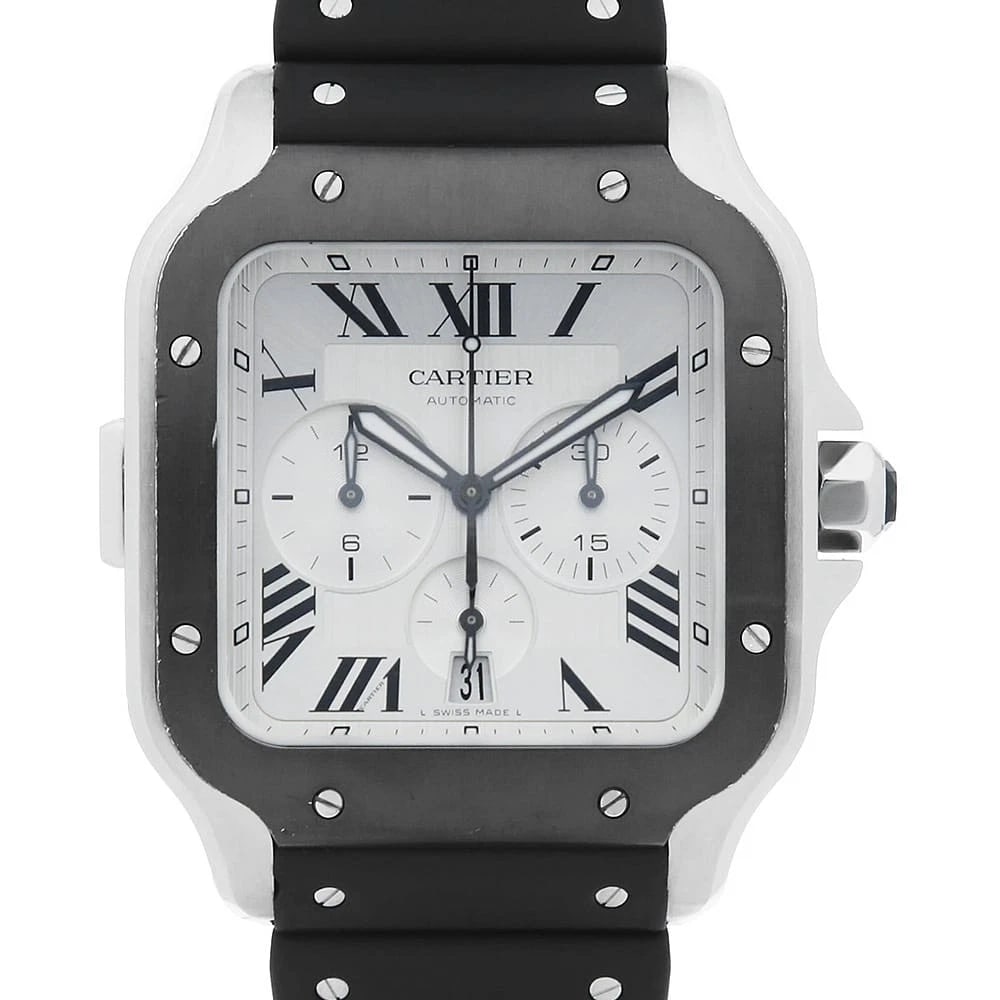 CARTIER SANTOS CHRONOGRAPH WATCH: Cartier Santos Chronograph Watch Brand: Cartier Type: Wrist watch Material: Band Material rubber, Case Material Stainless Steel Color: Dial Colour Silver Size: Case:W43.3mm Accessories: None <