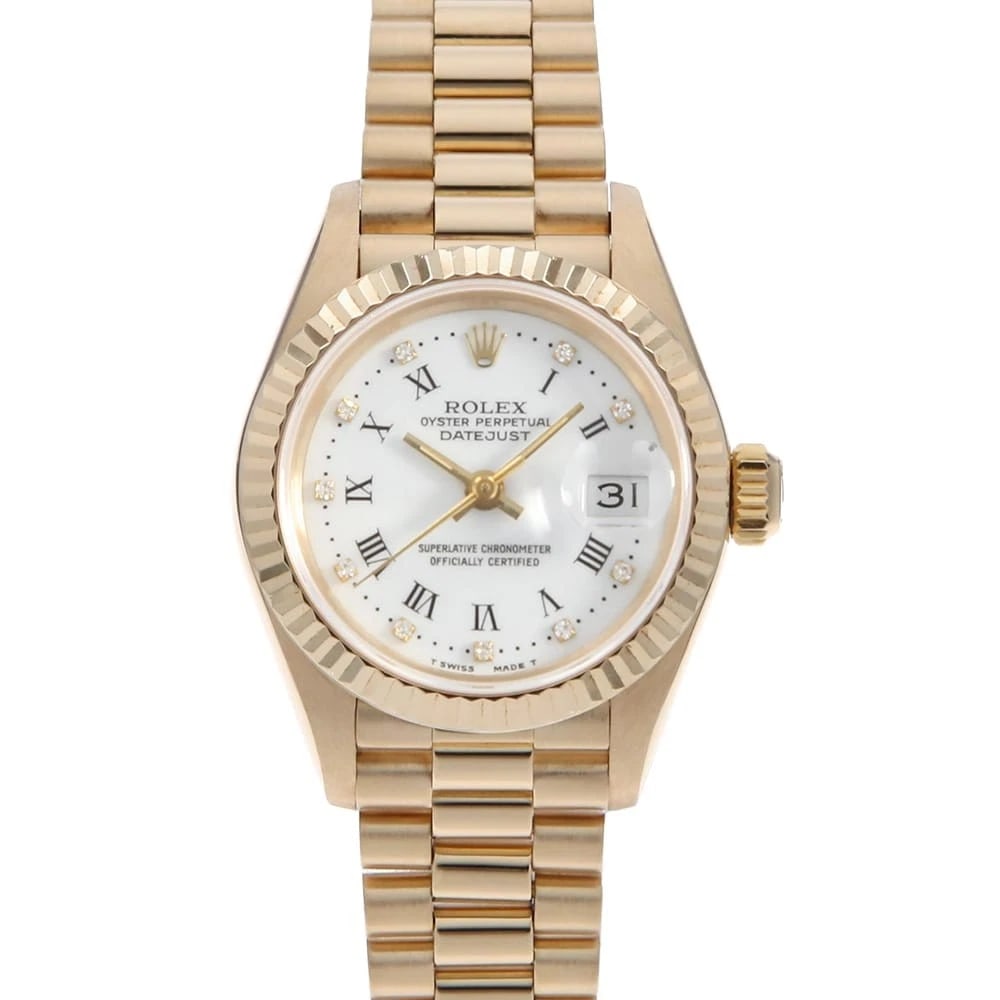 ROLEX DATEJUST DIAMOND WHITE WATCH: ROLEX Datejust Diamond white Watch Brand: ROLEX Type: Wrist watch Material: Band Material Yellow Gold, Case Material Yellow Gold Color: Dial Colour White Size: Case:W26mm Circumference of Wrist:16cm