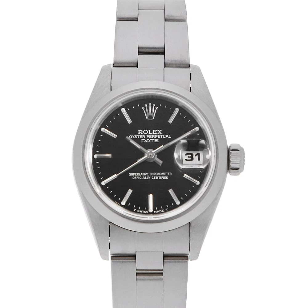 ROLEX OYSTER PERPETUAL DATE BLACK WATCH: ROLEX Oyster Perpetual Date black Watch Brand: ROLEX Type: Wrist watch Material: Band Material Stainless Steel, Case Material Stainless Steel Color: Dial Colour Black Size: Case:W26mm Circumference of