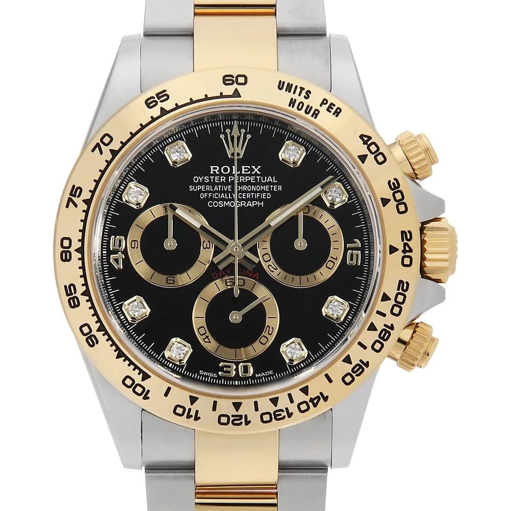 ROLEX COSMOGRAPH DAYTONA DIAMOND BLACK WATCH: ROLEX Cosmograph Daytona diamond black Watch Brand: ROLEX Type: Wrist watch Material: Band Material Stainless Steel/Yellow Gold, Case Material Stainless Steel/Yellow Gold Color: Dial Colour Black Size