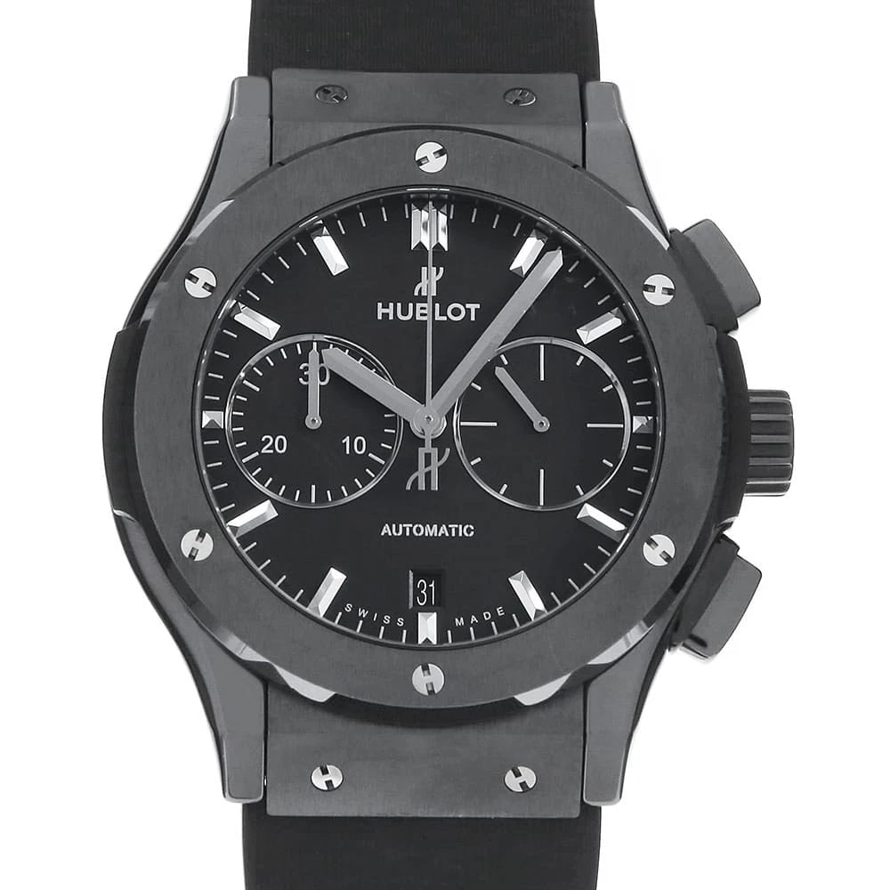 HUBLOT CLASSIC FUSION CHRONOGRAPH BLACK MAGIC WATCH: HUBLOT Classic fusion chronograph black magic Watch Brand: HUBLOT Type: Wrist watch Material: Band Material rubber, Case Material Ceramic Color: Dial Colour Black Size: Case:W45mm Accessories: Non