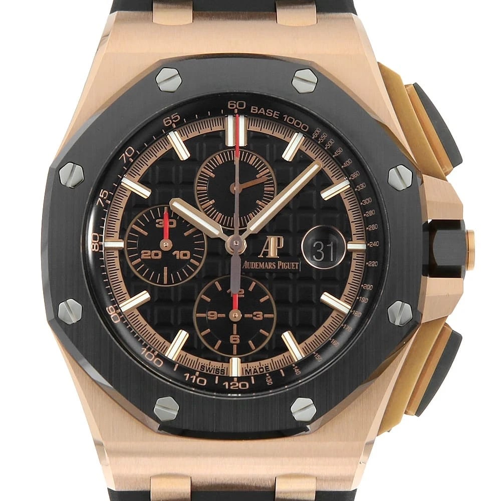 AUDEMARS PIGUET ROYAL OAK OFFSHORE CHRONOGRAPH WATCH: AUDEMARS PIGUET Royal Oak Offshore Chronograph Watch Brand: AUDEMARS PIGUET Type: Wrist watch Material: Band Material rubber, Case Material Pink Gold Color: Dial Colour Black Size: Case:W44mm Acce