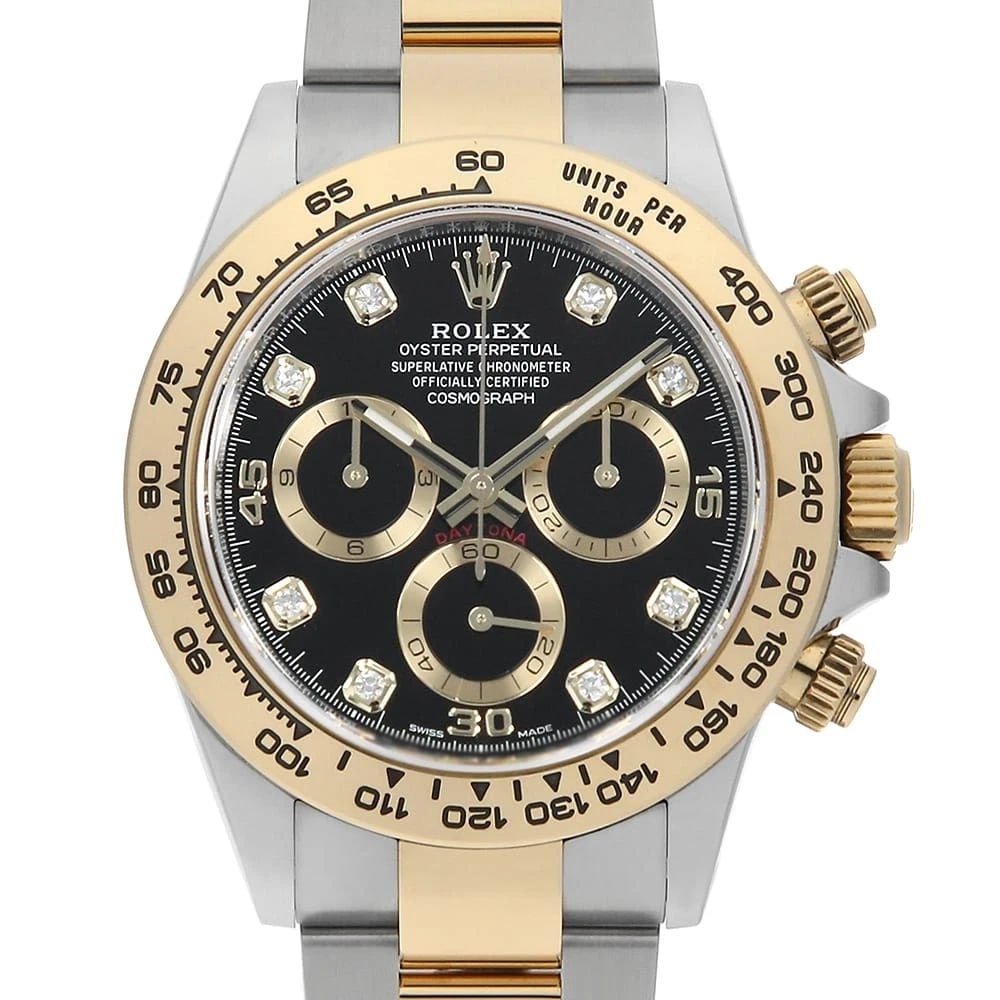 ROLEX COSMOGRAPH DAYTONA DIAMOND BLACK GOLD WATCH: ROLEX Cosmograph Daytona diamond black Gold Watch Brand: ROLEX Type: Wrist watch Material: Band Material Stainless Steel/Yellow Gold, Case Material Stainless Steel/Yellow Gold Color: Dial Colour Black