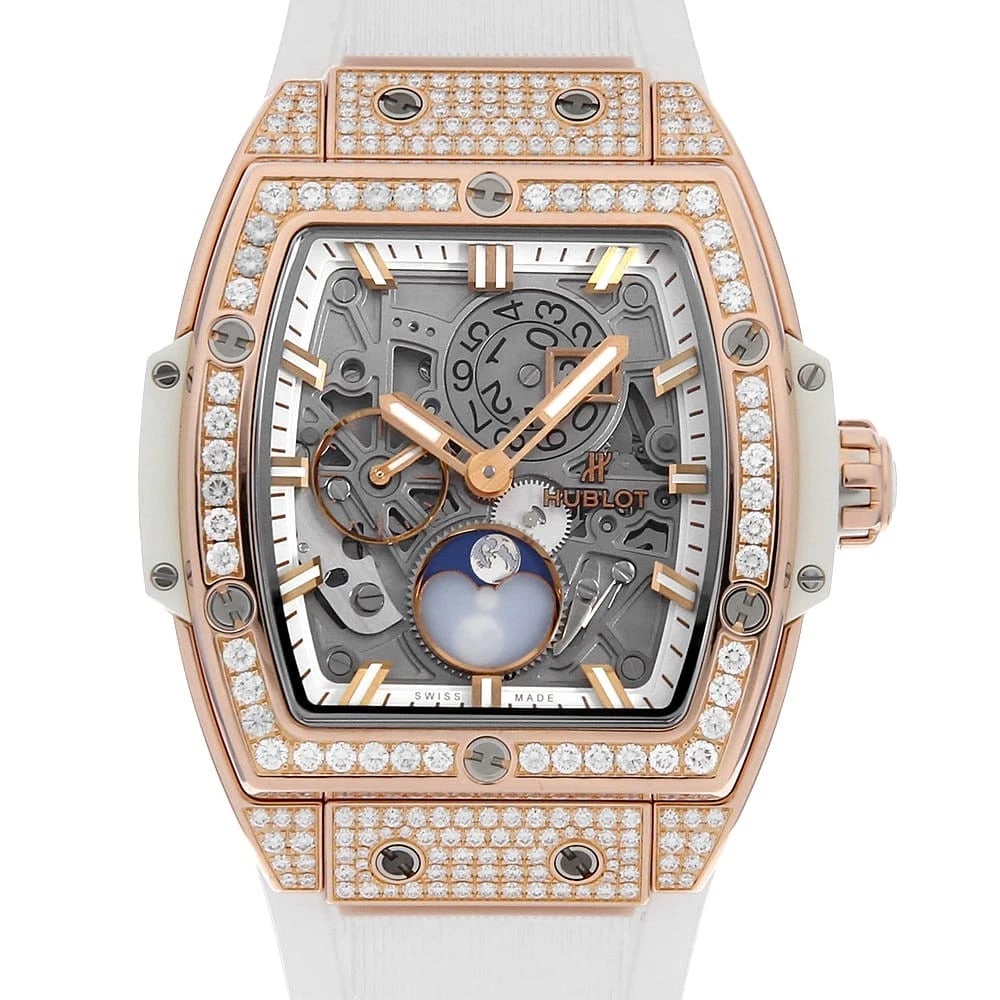 HUBLOT SPIRIT OF BIG BANG MOON PHASE KING GOLD DIAMOND WATCH: HUBLOT Spirit of Big Bang Moon Phase King Gold Diamond Watch Brand: HUBLOT Type: Wrist watch Material: Band Material rubber, Case Material King Gold Color: Dial Colour Skeleton Size: Case:W48mm x H42m