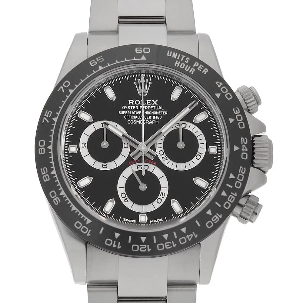 ROLEX COSMOGRAPH DAYTONA BLACK WATCH: ROLEX Cosmograph Daytona black Watch Brand: ROLEX Type: Wrist watch Material: Band Material Stainless Steel, Case Material Stainless Steel Color: Dial Colour Black Size: Case:W40mm Circumference of Wr