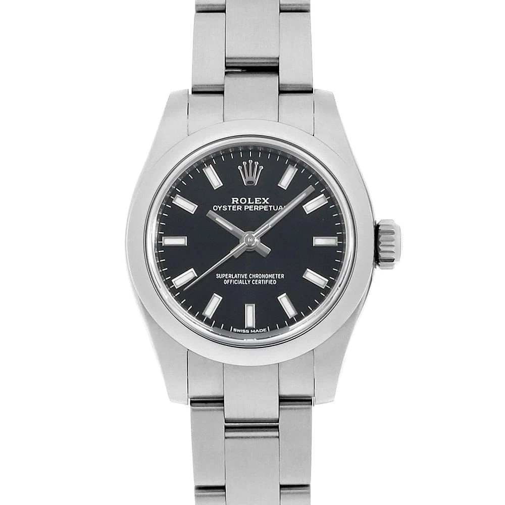 ROLEX OYSTER PERPETUAL BLACK WHITE WATCH: ROLEX Oyster perpetual black White Watch Brand: ROLEX Type: Wrist watch Material: Band Material Stainless Steel, Case Material Stainless Steel Color: Dial Colour Black Size: Case:W26mm Circumference o
