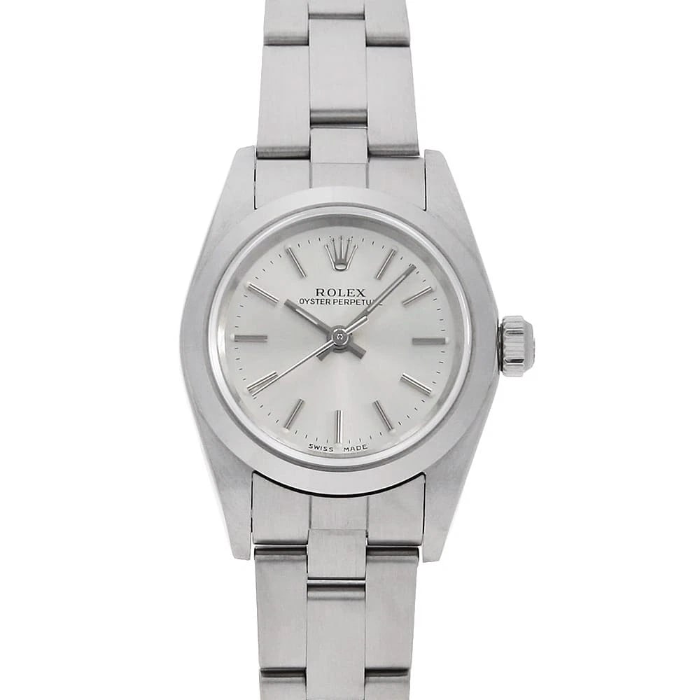 ROLEX OYSTER PERPETUAL SILVER WATCH: ROLEX Oyster perpetual Silver Watch Brand: ROLEX Type: Wrist watch Material: Band Material Stainless Steel, Case Material Stainless Steel Color: Dial Colour Silver Size: Case:W23.5mm Circumference of 