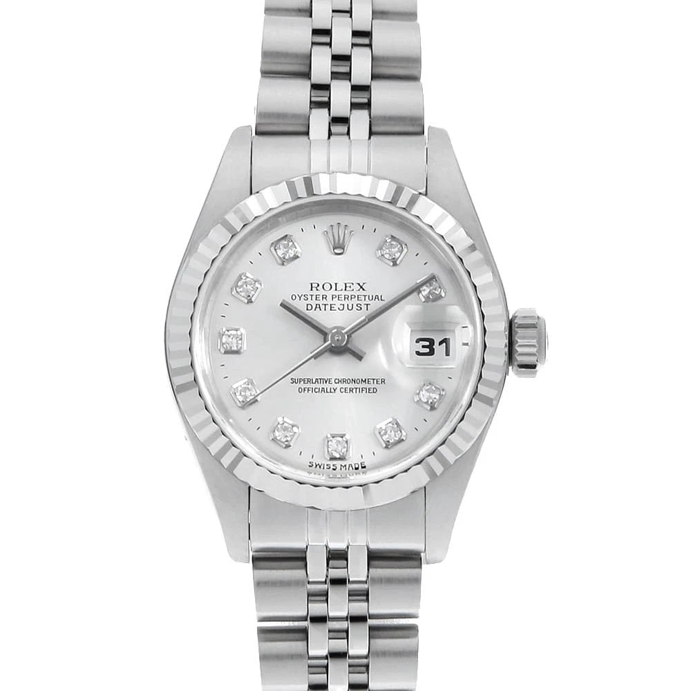 ROLEX DATEJUST DIAMOND SILVER WATCH: ROLEX Datejust Diamond Silver Watch Brand: ROLEX Type: Wrist watch Material: Band Material Stainless Steel, Case Material Stainless Steel/White gold Color: Dial Colour Silver Size: Case:W26mm Circumfe