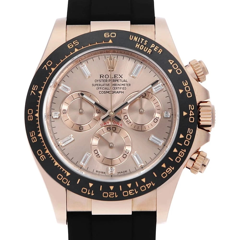 ROLEX COSMOGRAPH DAYTONA PINK WATCH: ROLEX Cosmograph Daytona pink Watch Brand: ROLEX Type: Wrist watch Material: Band Material rubber, Case Material Everose Gold Color: Dial Colour Pink Size: Case:W40mm Circumference of Wrist:17cm A