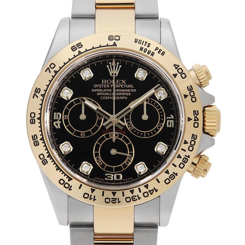 ROLEX COSMOGRAPH DAYTONA DIAMOND BLACK WATCH: ROLEX Cosmograph Daytona diamond black Watch Brand: ROLEX Type: Wrist watch Material: Band Material Stainless Steel/Yellow Gold, Case Material Stainless Steel/Yellow Gold Color: Dial Colour Black Size