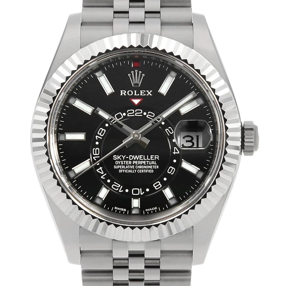 ROLEX SKY-DWELLER BLACK ROW JUBILEE BRACELET WATCH: ROLEX SKY-DWELLER black row jubilee bracelet Watch Brand: ROLEX Type: Wrist watch Material: Band Material Stainless Steel, Case Material Stainless Steel/White gold Color: Dial Colour Black Size: Case: